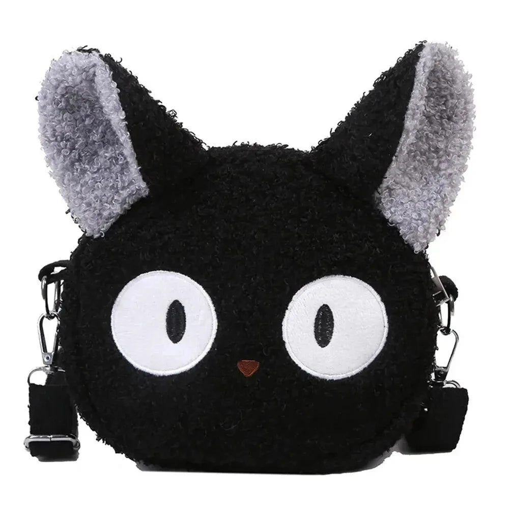 Black cat-shaped plush bag with large white eyes and gray ears on a white background